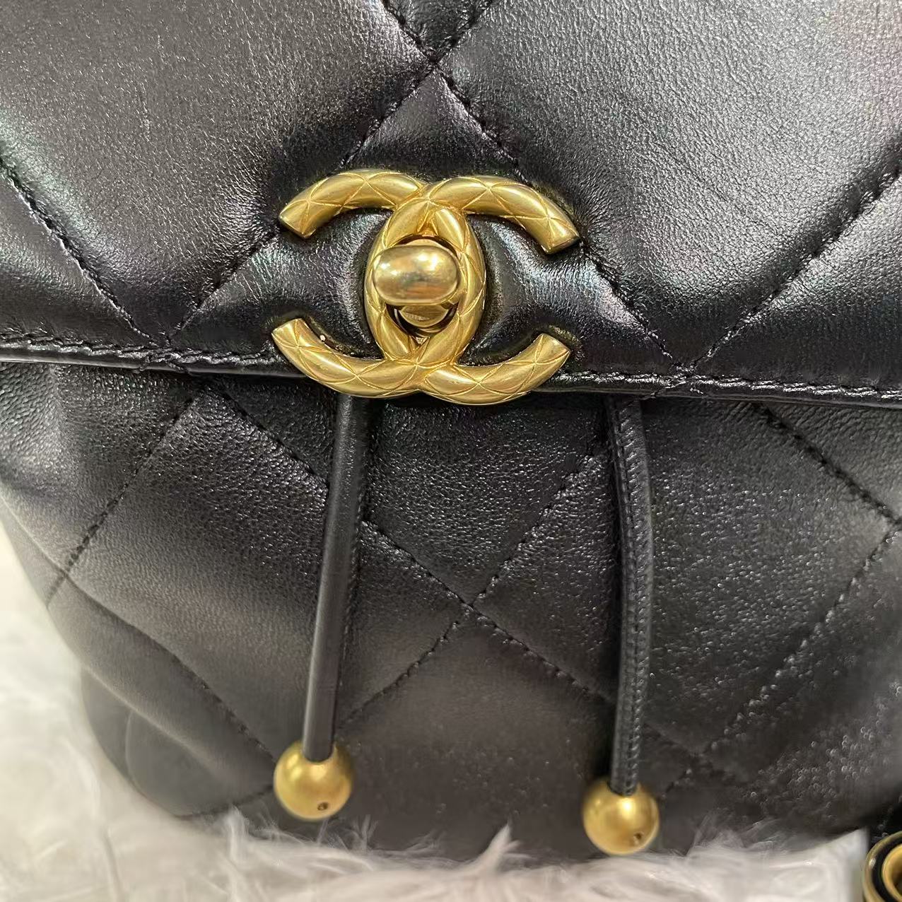 (Preowned) CHANEL 24S logo chain shoulder strap leather chain link pattern sheepskin double shoulder bag female black