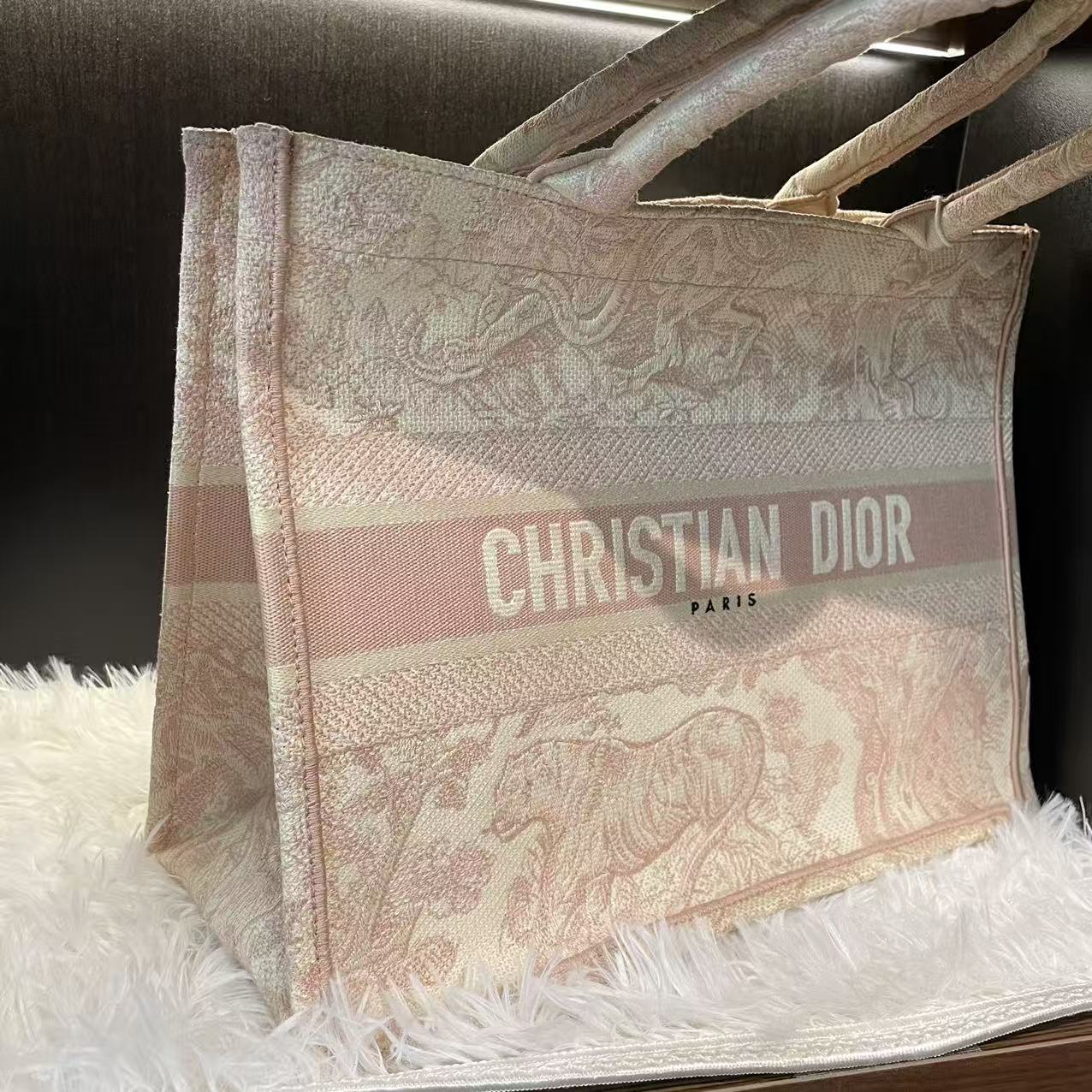 (Preowned) DIOR Book Tote Ruyi printed tiger pattern capacity MM Candy color/Pink