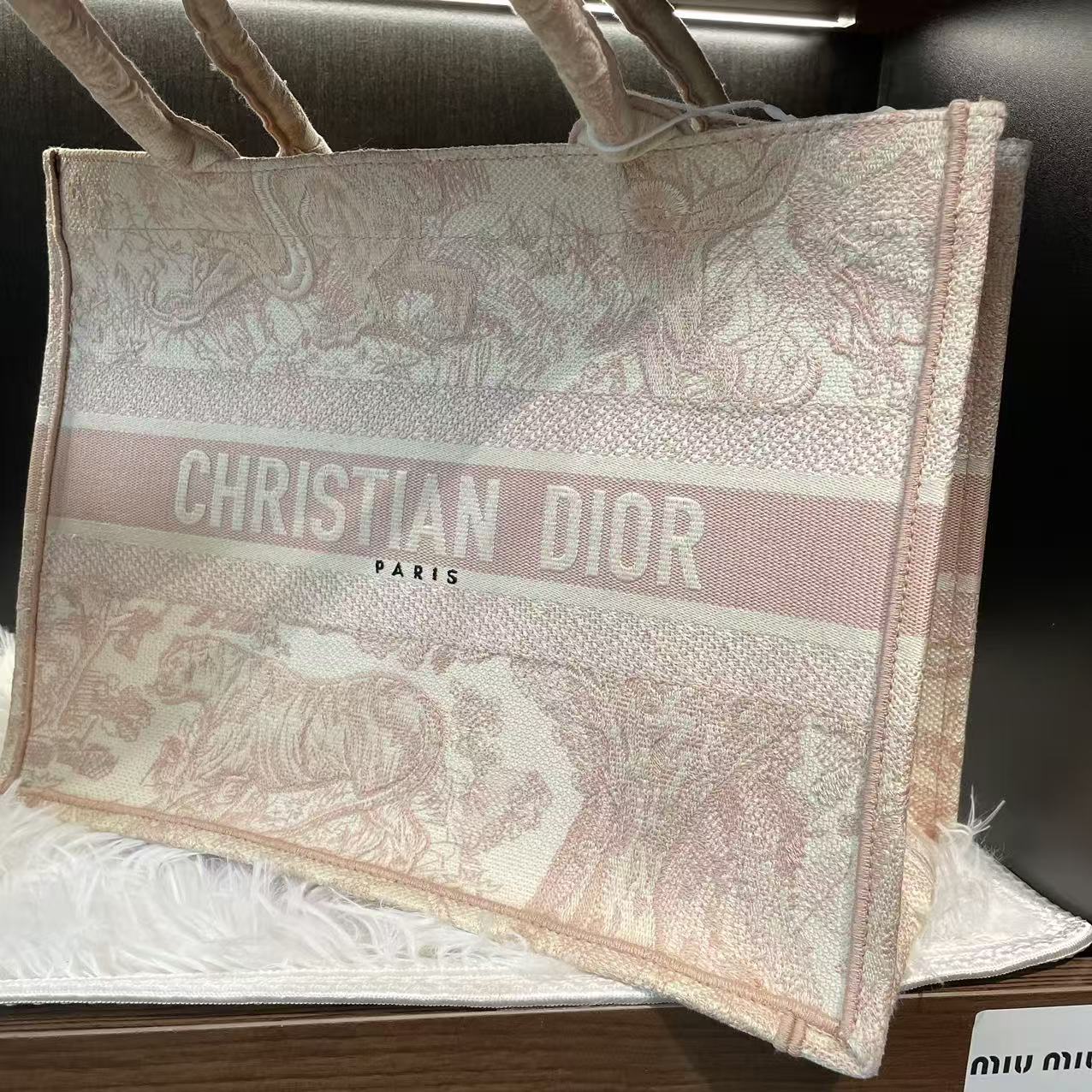 (Preowned) DIOR Book Tote Ruyi printed tiger pattern capacity MM Candy color/Pink
