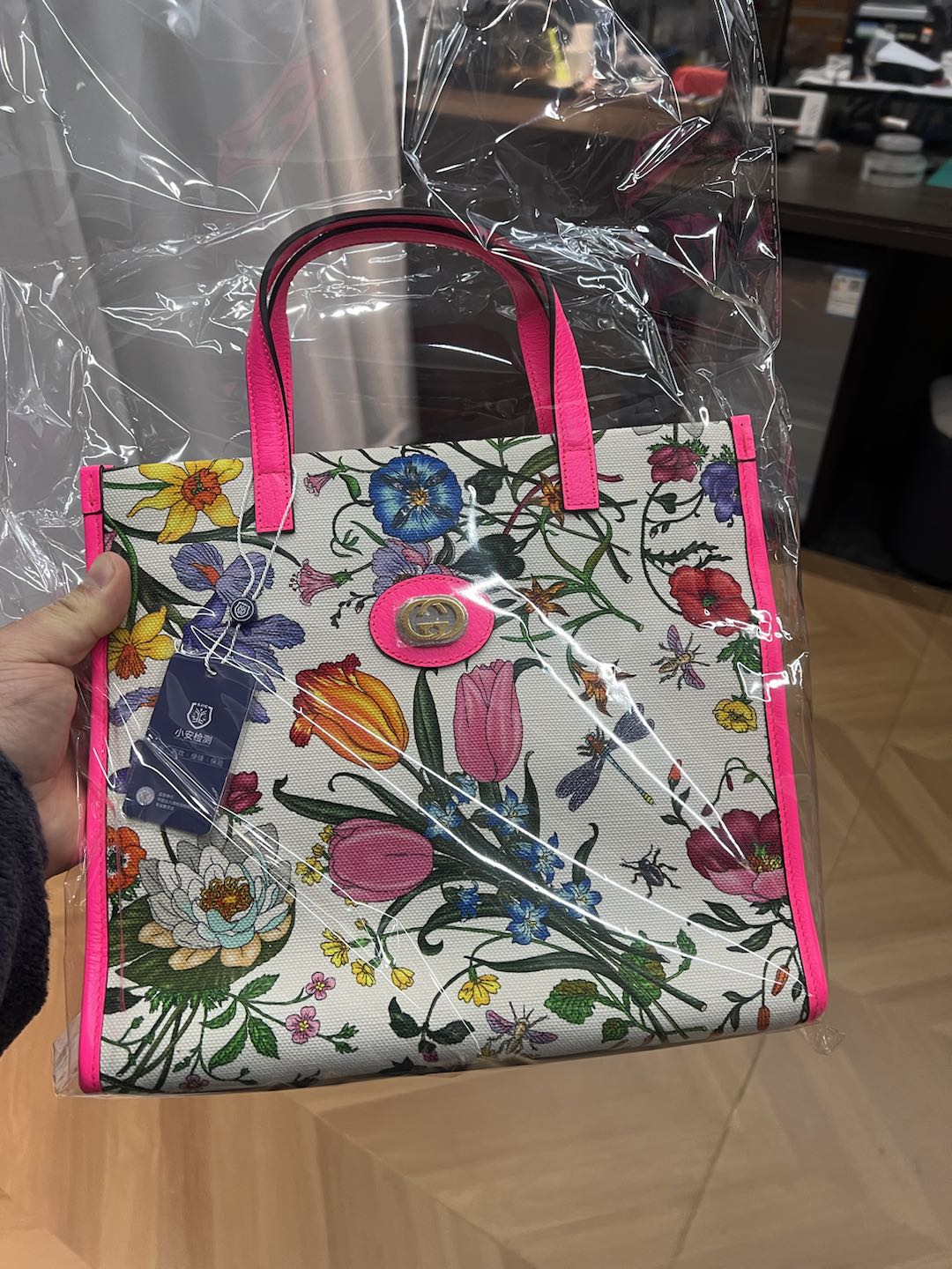 (Preowned) GUCCI Metal interlocking double G identification MM White/Rose Pink/Multicolor Unique Non collision Style