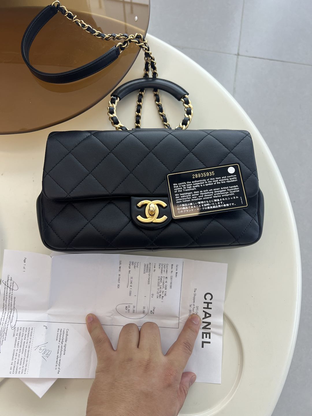 (Preowned) CHANEL Gold logo circular handle diamond leather chain BLACK