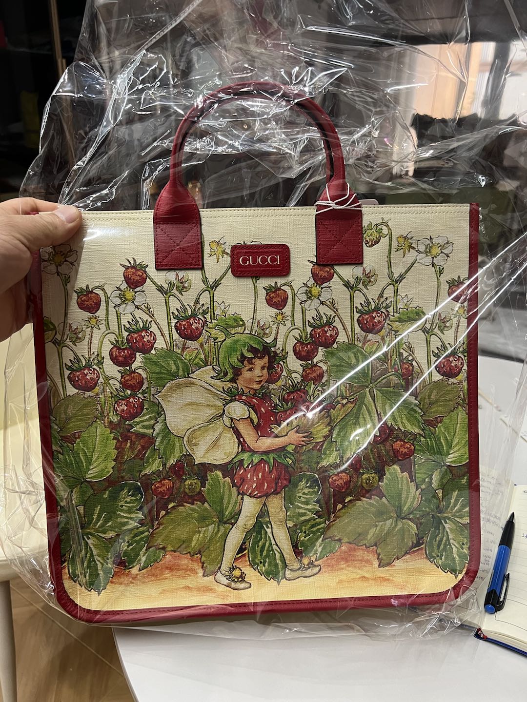 (Preowned) GUCCI Large capacity strawberry fairy print Canvas patchwork Tote bag shopping bag handbag GM Children's Red