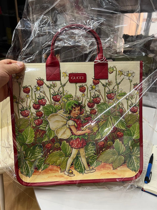 (Preowned) GUCCI Large capacity strawberry fairy print Canvas patchwork Tote bag shopping bag handbag GM Children's Red