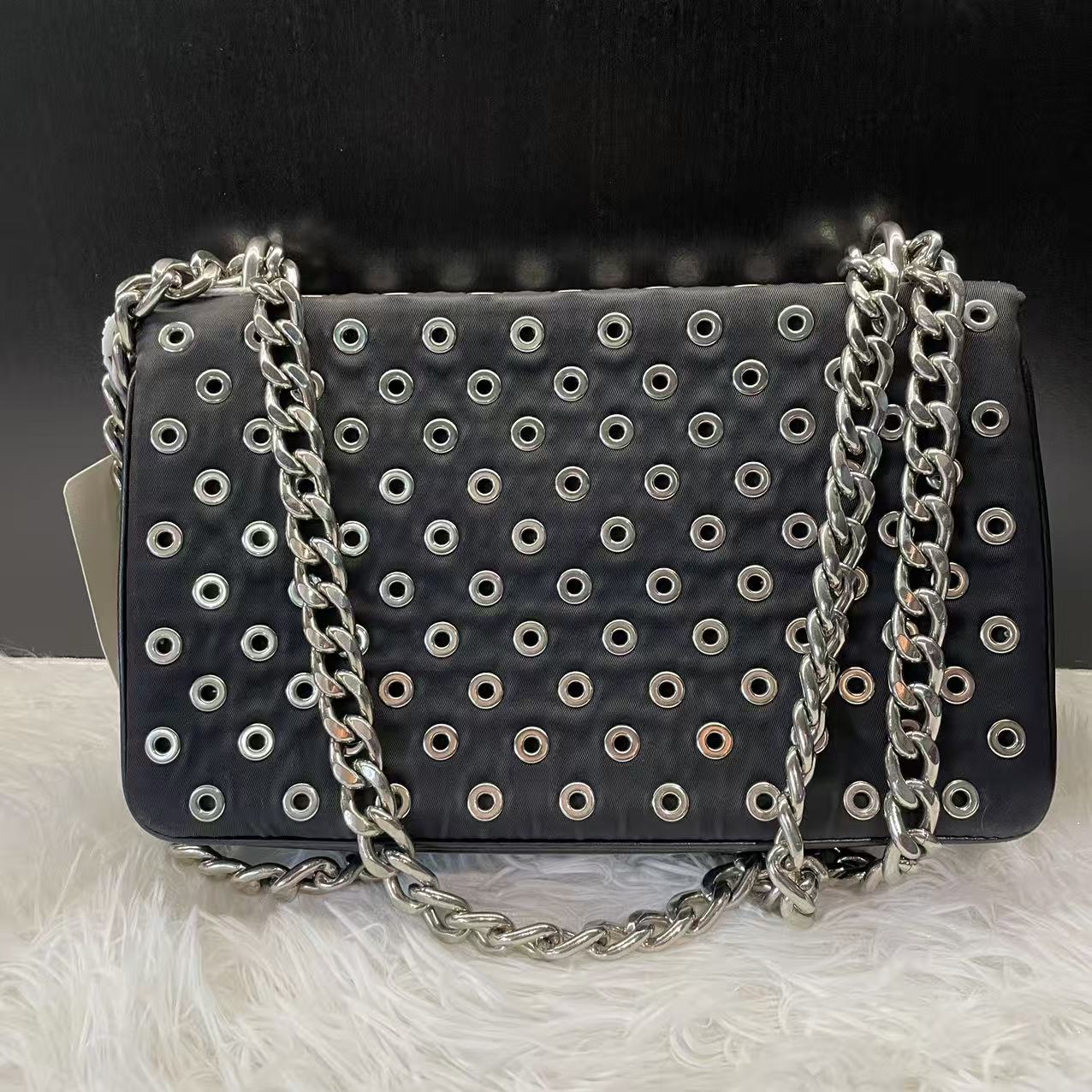 (Preowned) Prada Black Nylon and Leather Grommet Shoulder Bag