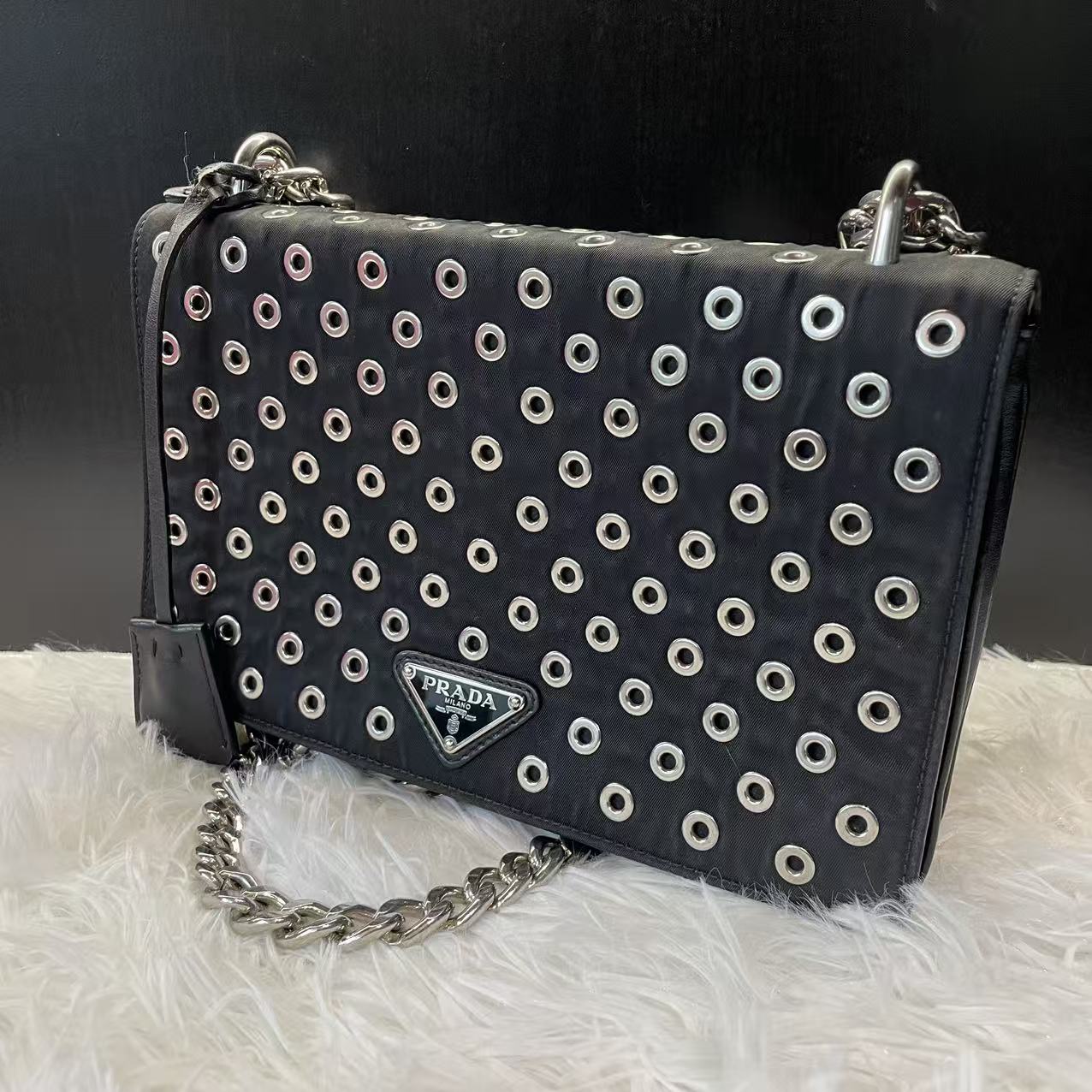 (Preowned) Prada Black Nylon and Leather Grommet Shoulder Bag