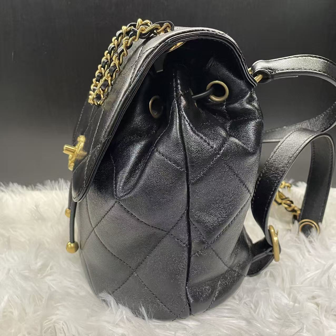 (Preowned) CHANEL 24S logo chain shoulder strap leather chain link pattern sheepskin double shoulder bag female black