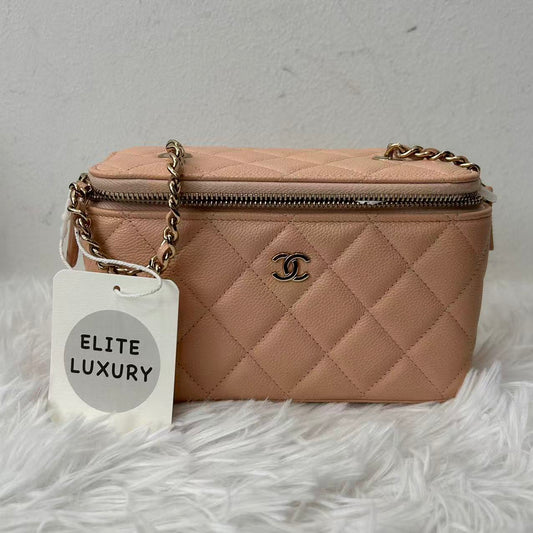 (Preowned) CHANEL 24C Gold-colored metal accessories, grainy leather, long square box bag, chain messenger bag, women's, light pink