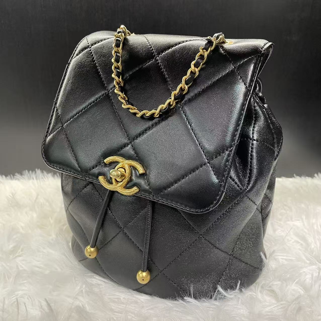 (Preowned) CHANEL 24S logo chain shoulder strap leather chain link pattern sheepskin double shoulder bag female black