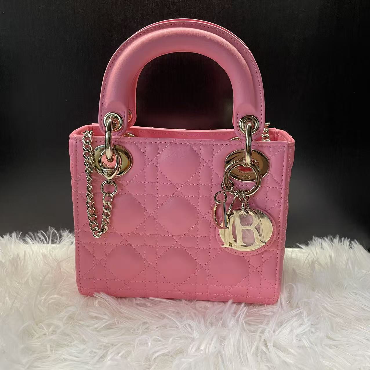 (Preowned) DIOR Candy pink with light gold buckle three-compartment Daifei bag sheepskin messenger bag