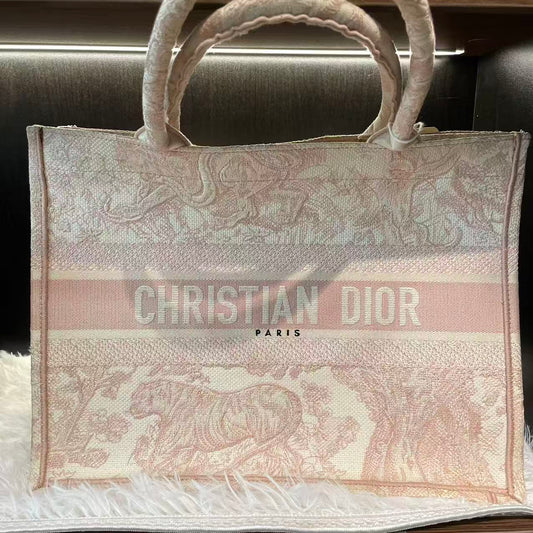 (Preowned) DIOR Book Tote Ruyi printed tiger pattern capacity MM Candy color/Pink