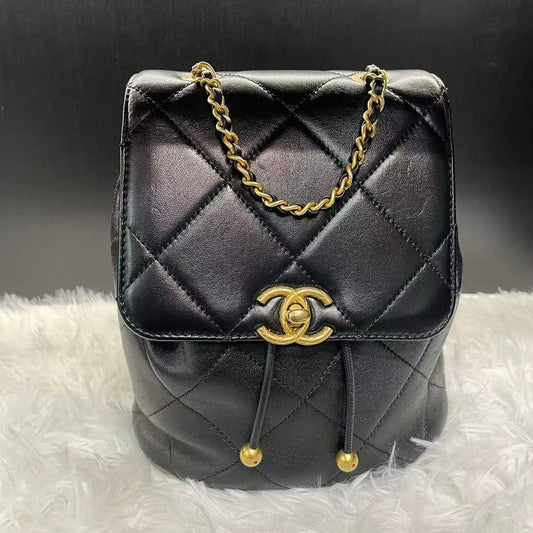 (Preowned) CHANEL 24S logo chain shoulder strap leather chain link pattern sheepskin double shoulder bag female black