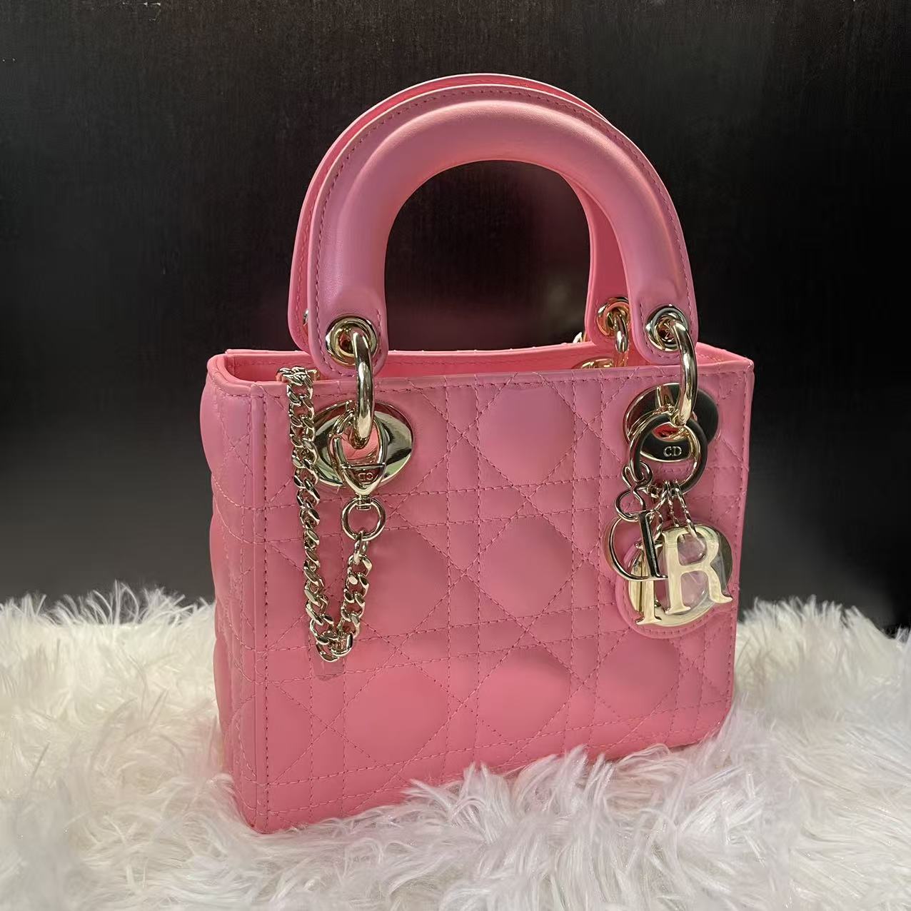 (Preowned) DIOR Candy pink with light gold buckle three-compartment Daifei bag sheepskin messenger bag