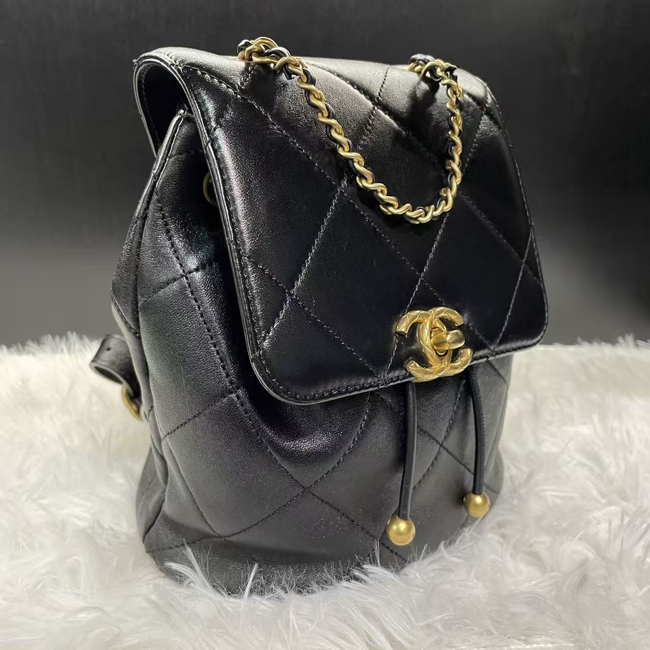(Preowned) CHANEL 24S logo chain shoulder strap leather chain link pattern sheepskin double shoulder bag female black