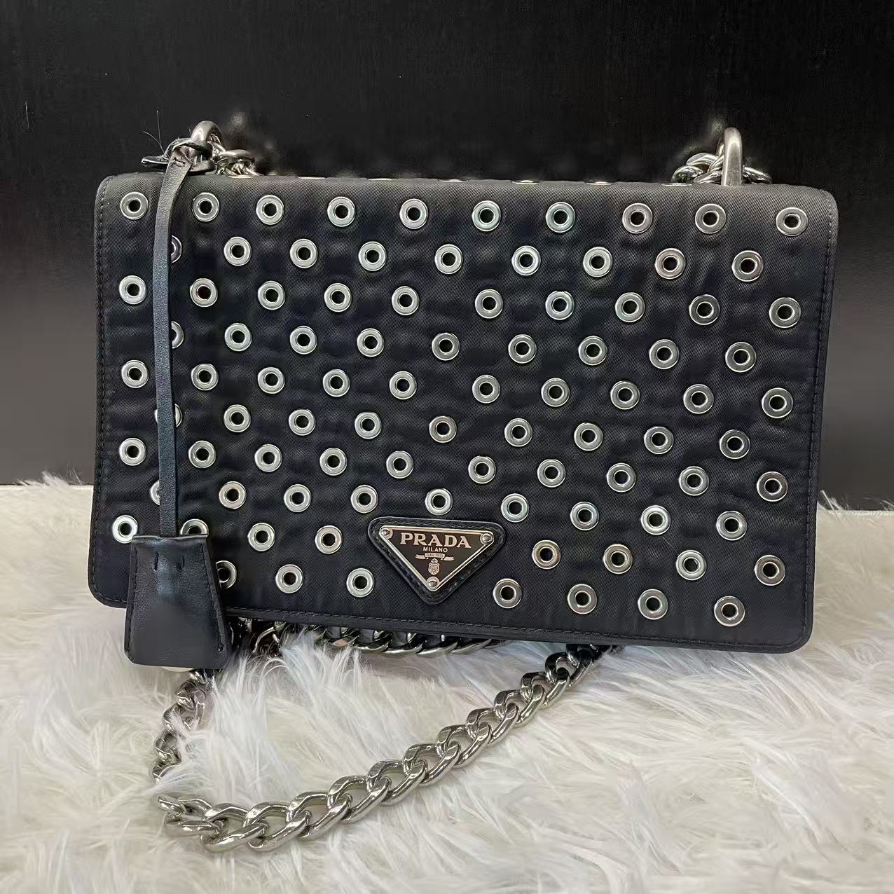 (Preowned) Prada Black Nylon and Leather Grommet Shoulder Bag