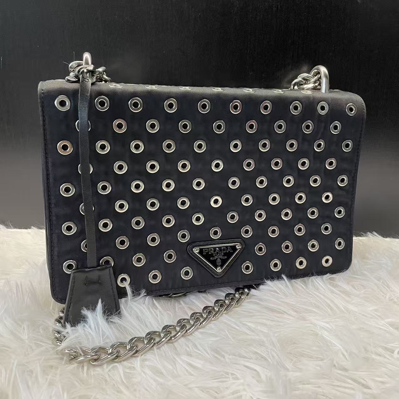 (Preowned) Prada Black Nylon and Leather Grommet Shoulder Bag