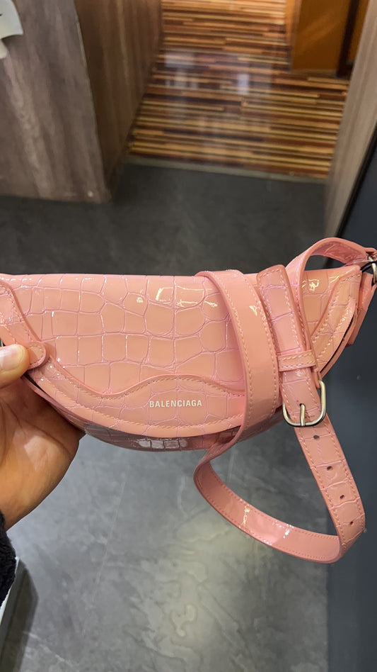 (Preowned) BALENCIAGA Embossed white brand logo with crocodile pattern embossing Baby Pink Mini